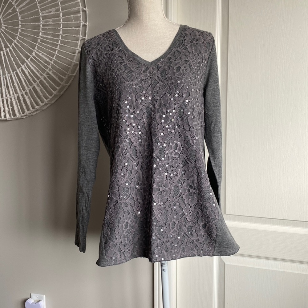 Addition Elle - Lace & Shimmery Sequin Front, Long Sleeve Tee Comfort